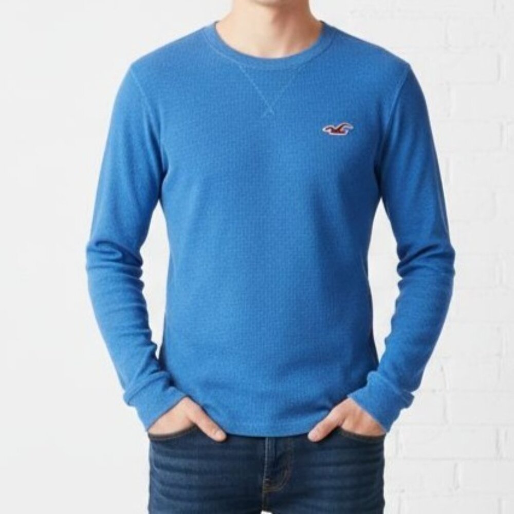 Hollister Mens Blue Thermal Long Sleeve Crewneck Shirt Ribbed  Size S Preppy Y2K